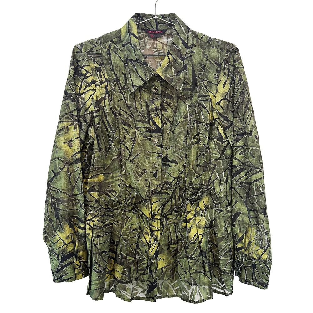 SIMON CHANG Linen Blend Sheer Burnout Button‎ Up Blouse • 12 • green black chic
